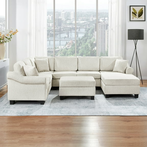 112" U-Shaped Sectional Sofa with Chaise Lounge, Oversized Chenille Cloud Couch with Movable Storage Ottoman and Rolled Arms for Living Room, White