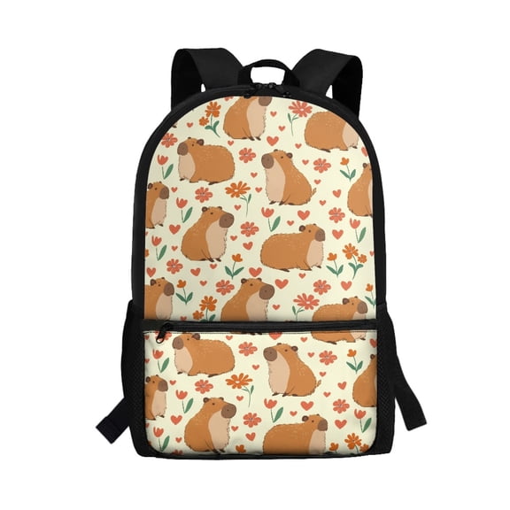 Uourmeti Cartoon Capybara & Floral Heart Pattern Casual Daypack, Non Fade School Bag 17 Inch Lightweight Backpack for Travel Work