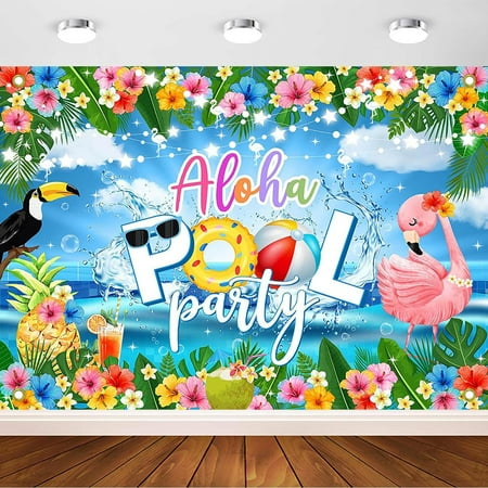 Summer Pool Party Backdrop Tropical Palm Tree Flower Flamingo Pool Party Decorations Aloha Luau Beach Pool Party Photography Background Summer Beach Pool Party Supplies