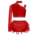 thumbnail image 2 of YiZYiF Kids Girls Sparkly 2 Piece Dancing Outfit Rhinestones Dance Crop Top and Feather Briefs Skirt Red 8, 2 of 7