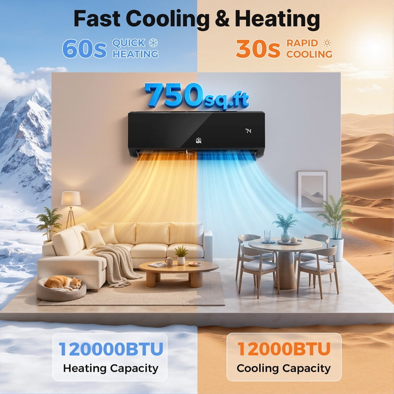 Etust 12000 BTU Mini Split AC Heating System, 20 SEER2 110V/115V Ductless Mini Split Air Conditioner with WiFi Control, Up to 750 Sq.Ft, Black