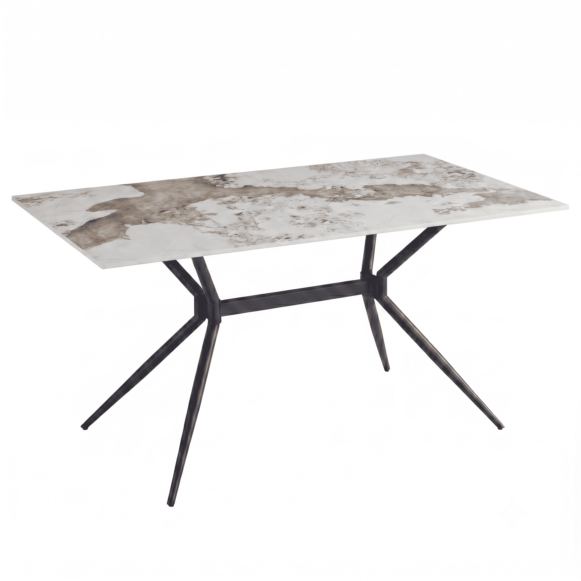 LeisureMod Elega Rectangular Dining Table with Sintered Stone Top and Black Steel Base Modern Kitchen & Dining Room Table 55 Inch White