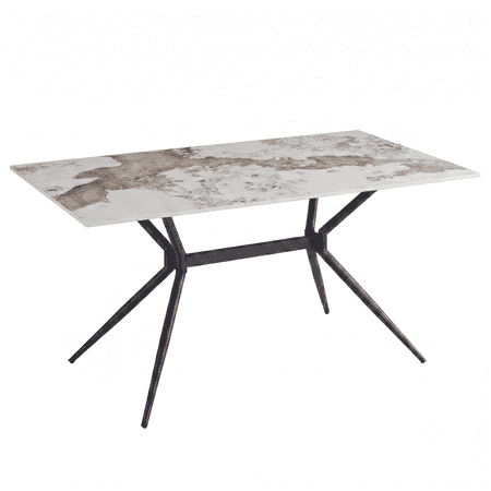 LeisureMod Elega Rectangular Dining Table with Sintered Stone Top and Black Steel Base Modern Kitchen & Dining Room Table 48 Inch White Gold