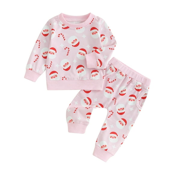 Elippeo Toddler Baby Girl 2Pcs Christmas Clothes Set 6M 12M 18M 24M 3Y Santa Candy Cane Print Long Sleeve Crewneck Sweatshirt Tops Pants