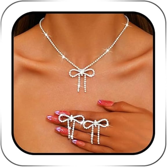 DESIGNICE Rhinestone Bow Jewelry Set Silver Sparkly Crystal Bowknot Pendant Necklace Dainty Dangle Prom Earrings Sets for Women