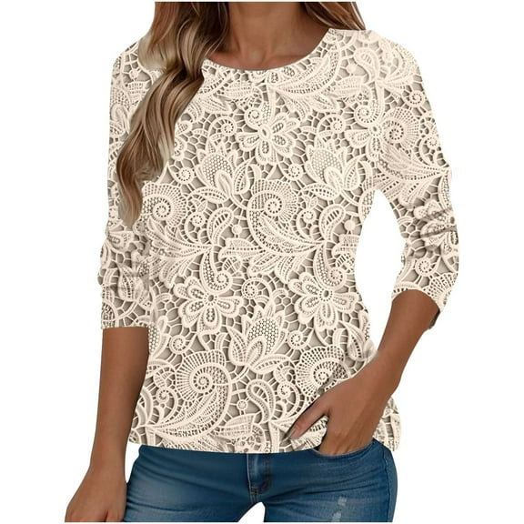 Womens Fall Fashion 2025 Round Neck Long Sleeve Lace Patterned Printed T-Shirt Top