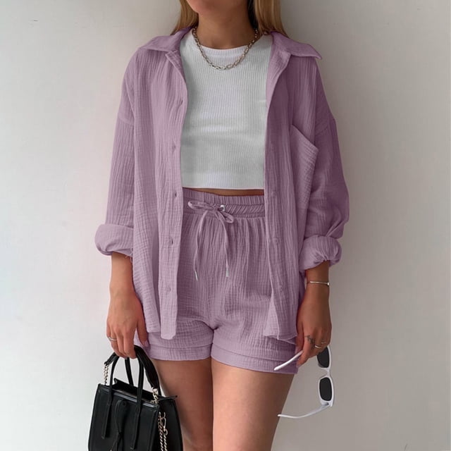 MKLEKYY Conjunto De Camiseta De Manga Larga Lisa Para Mujer, Pantalones Cortos Con Cordón Y Cintura Alta, Informal, Sin Mangas