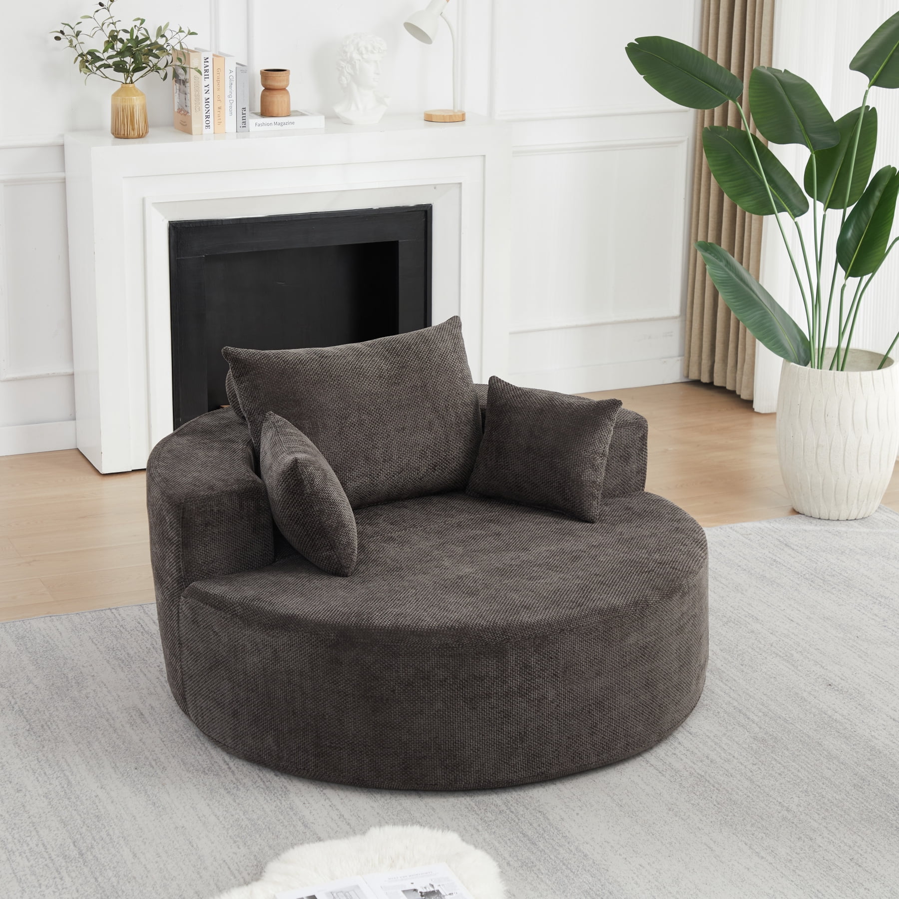 Leumius 55'' Oversized Round Chaise Longue Chair,Upholstered Chenille Single Cloud Circle Sofa Chair with Deep Seat,Fluffy Modern Sleeper Sofa Bed for Reading,Living Room,Bedroom,