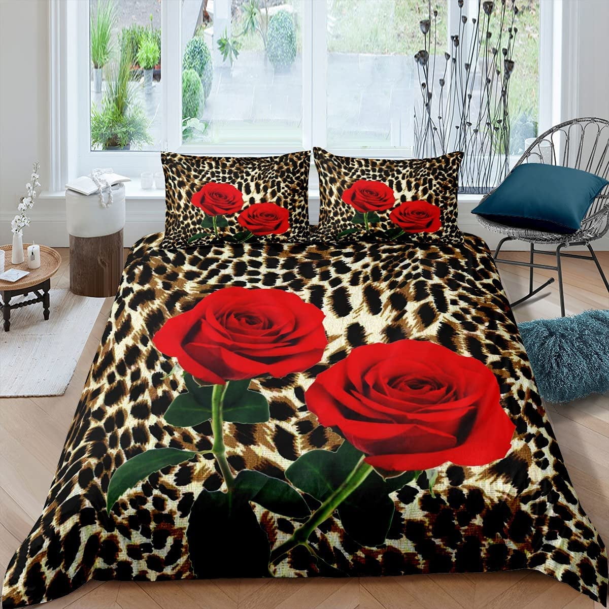 Rose Leopard Print Bedding Set For Girls Teens 3D Floral Cheetah