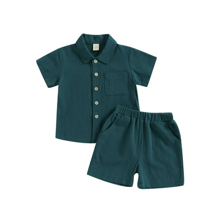 

Springcmy Toddler Baby Boys Cotton Linen Shorts Outfits Button Up Short Sleeve Shirts and Shorts 2Pcs Summer Clothes Set Atrovirens 6-12 Months