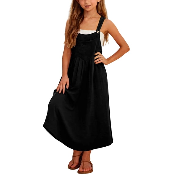 WOYY Girls Sleeveless Pinafore Dress Casual Loose Pocket Long Overall Dress, Black, Sizes 5-14