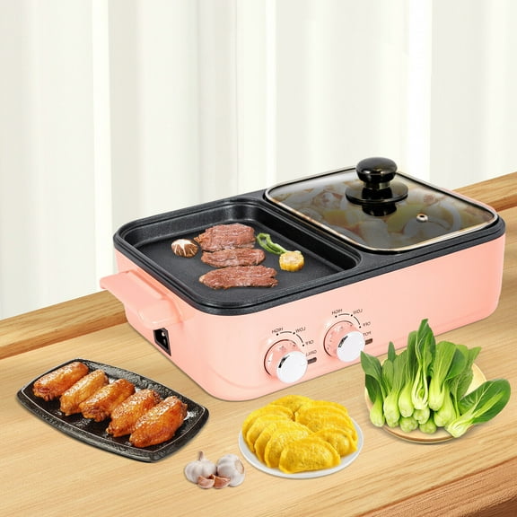 2-in-1 Electric Hot Pot with Grill, Non-Stick, Dual Temperature Control, Fast Heating, Shabu Pot for Kitchen, Pink