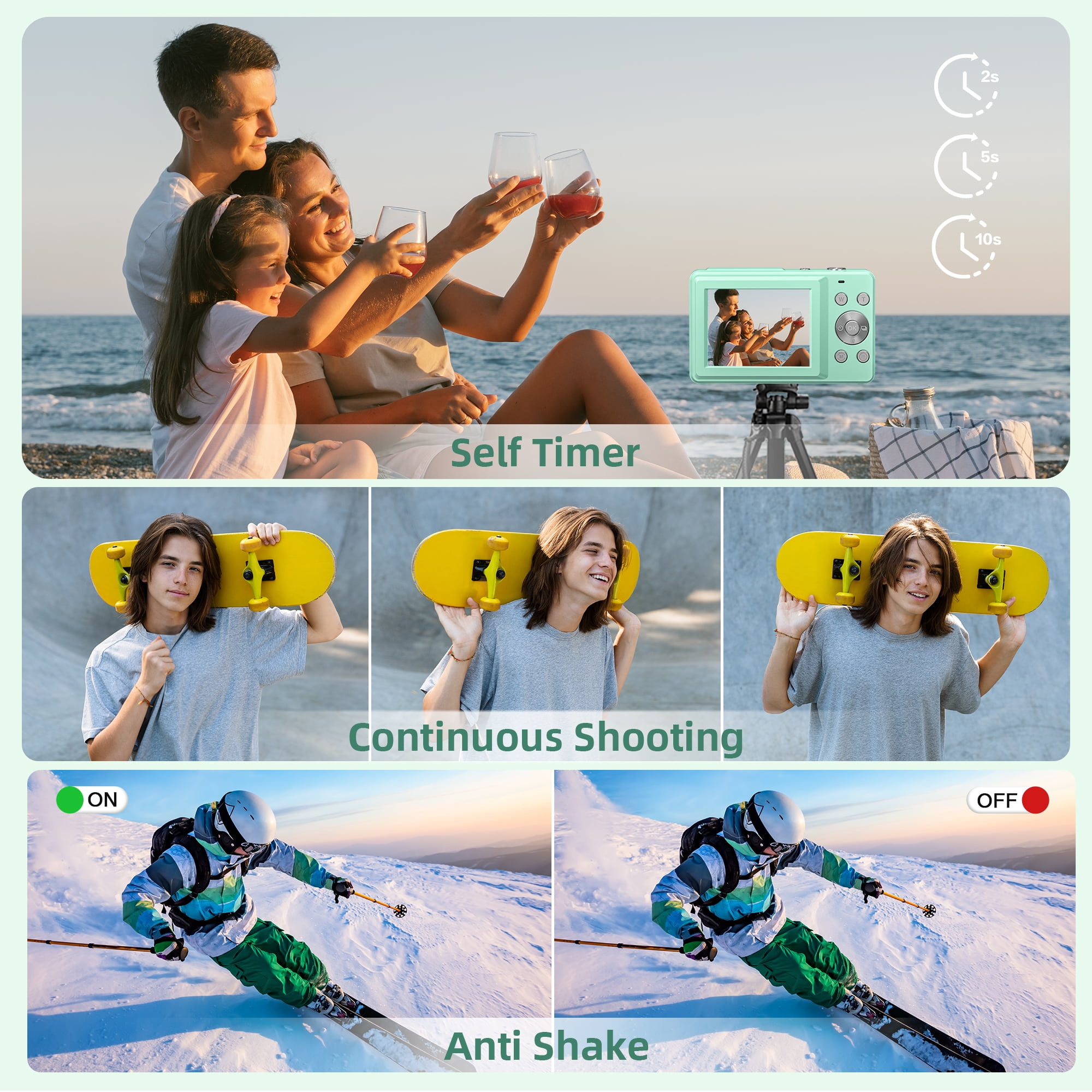 FHD 1080P 44MP Digital Camera with Anti-Shake & 16X Zoom - Compact Point and Shoot for Kids, Teens, Students (Green)