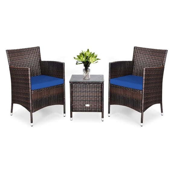 3 PCS Patio Furniture Set, Outdoor Wicker Conversation Set with Tempered Glass Coffee Table, Seat Cushions, Rattan Wicker Chairs for Poolside Balcony Porch Backyard, Navy