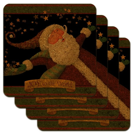 

Christmas Holiday Santa Joy to the World Low Profile Novelty Cork Coaster Set