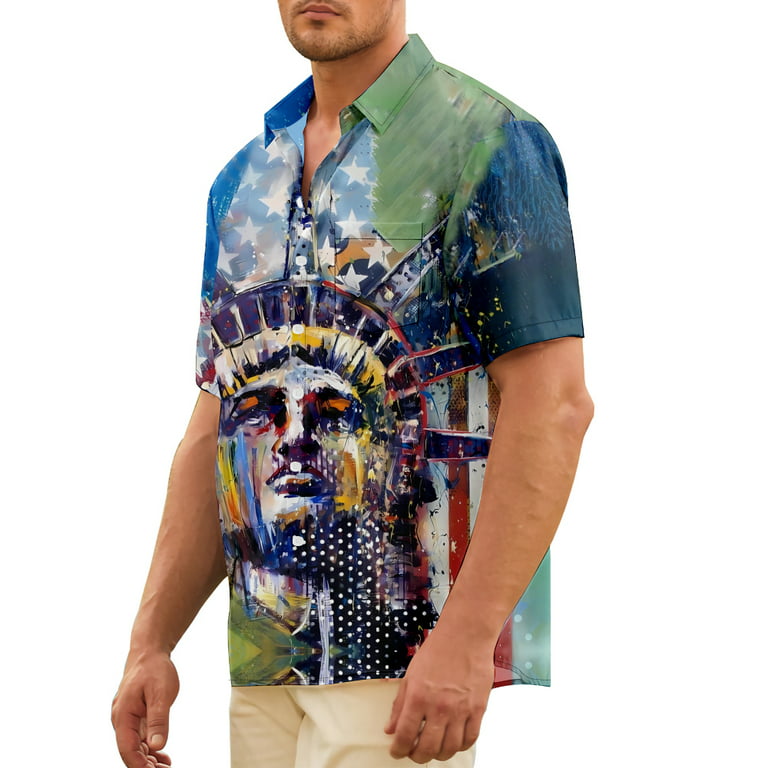 Hawaiian shirt for Men Button down Short sleeve statue of liberty Casual  Wrinkle Free Summer Stitch Regular Fit Top 