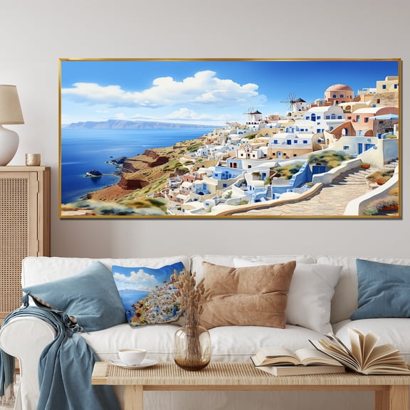 Designart "Coastal Dreamscape Greece V" Oversized Landscapes Framed Wall Art - Country Blue Greece Entryway Framed Wall Art Print