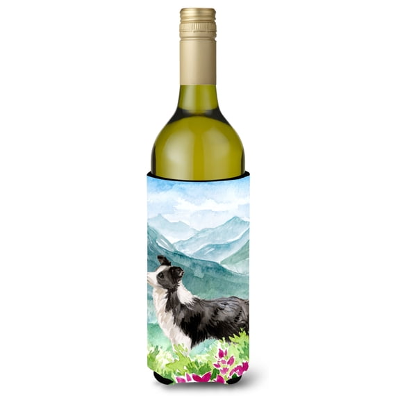 Carolines Treasures CK1990LITERK Mountian Flowers Border Collie Wine Bottle Beverage Insulator Hugger Wine Bottle