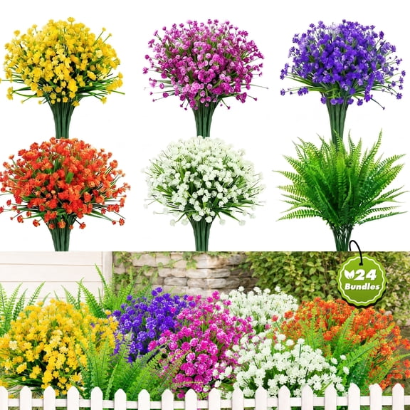Simeccom 24Pcs Artificial Flowers Outdoor UV Resistant - Fake Plants with Boston Fern Greenery Stems for Spring Summer Porch Garden Home Decor,Multicolor