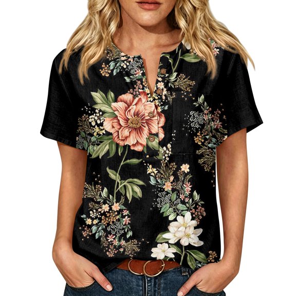 Womens Tops Trendy Short Sleeve Casual Retro Floral Print Summer Blouses Tops for Women Trendy Button V-Neck Business Work Shirts Black L