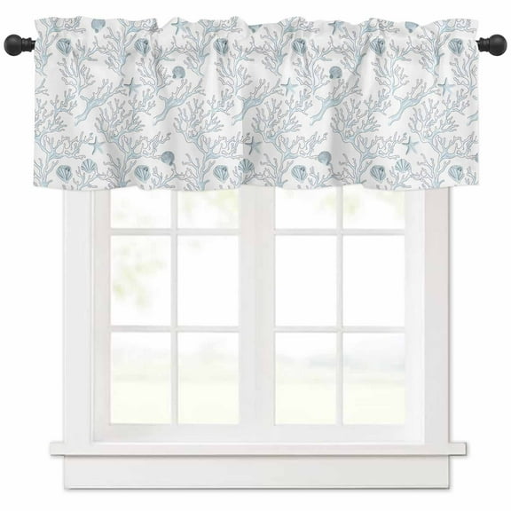 Rod Pocket Window Valances Abstract Blue Bare Tree Shell on White Short Kitchen Curtains Summer Ocean World Window Treatment Drapes for Bedroom Bathroom Living Room 54x18In,1 Panel