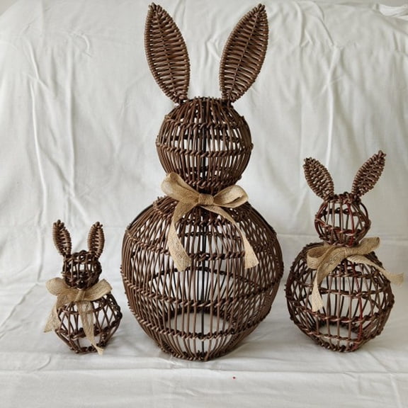 Easter Rabbit Garden Figurine - Spring Decorations Easter Decorations Rustic Rattan Woven Statue for Patio Yard Outdoor Home Holiday Festive Display (Brown A)