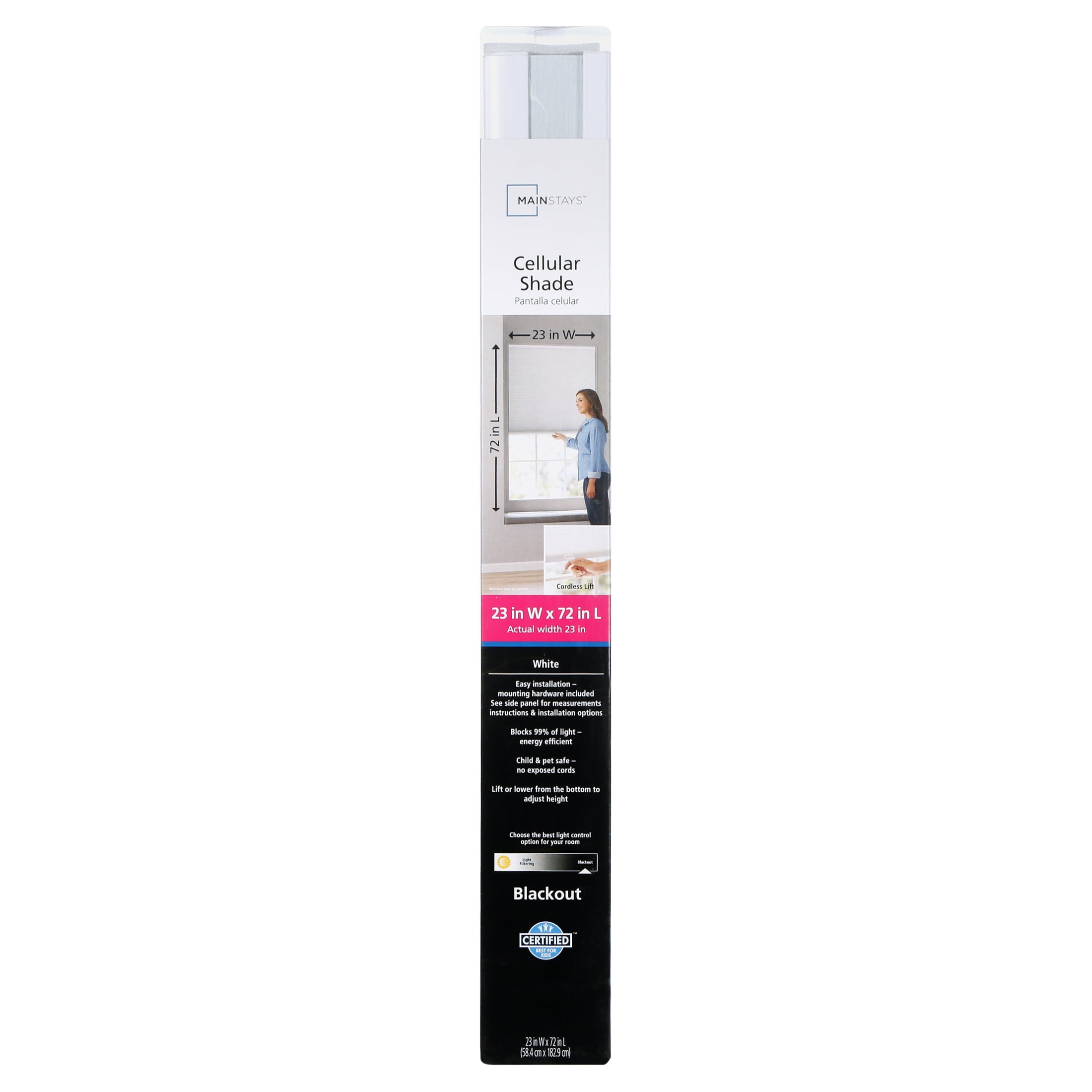 (2 pack) Mainstays Cordless Polyester Blackout Cellular Shade, 1-Piece, White, 32" W x 72" L