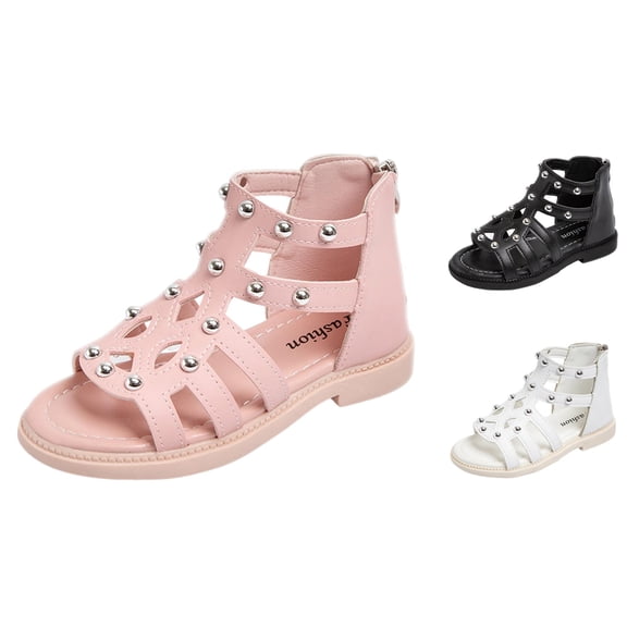 Gyujnb Girls High-Top Gladiator Sandals Studded Back Zipper Flat Summer Princess Shoes,2-2.5 Years