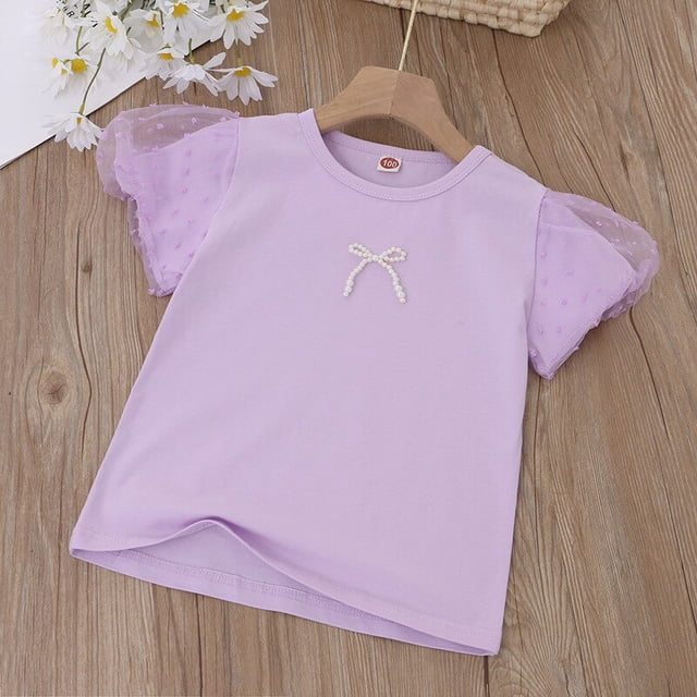 Camiseta de verano para niños, camisetas de manga corta para bebés y niñas, ropa de Color sólido con lazo de perlas, camisetas de algodón para niños, camiseta de 120cm Gao Jinjia LED