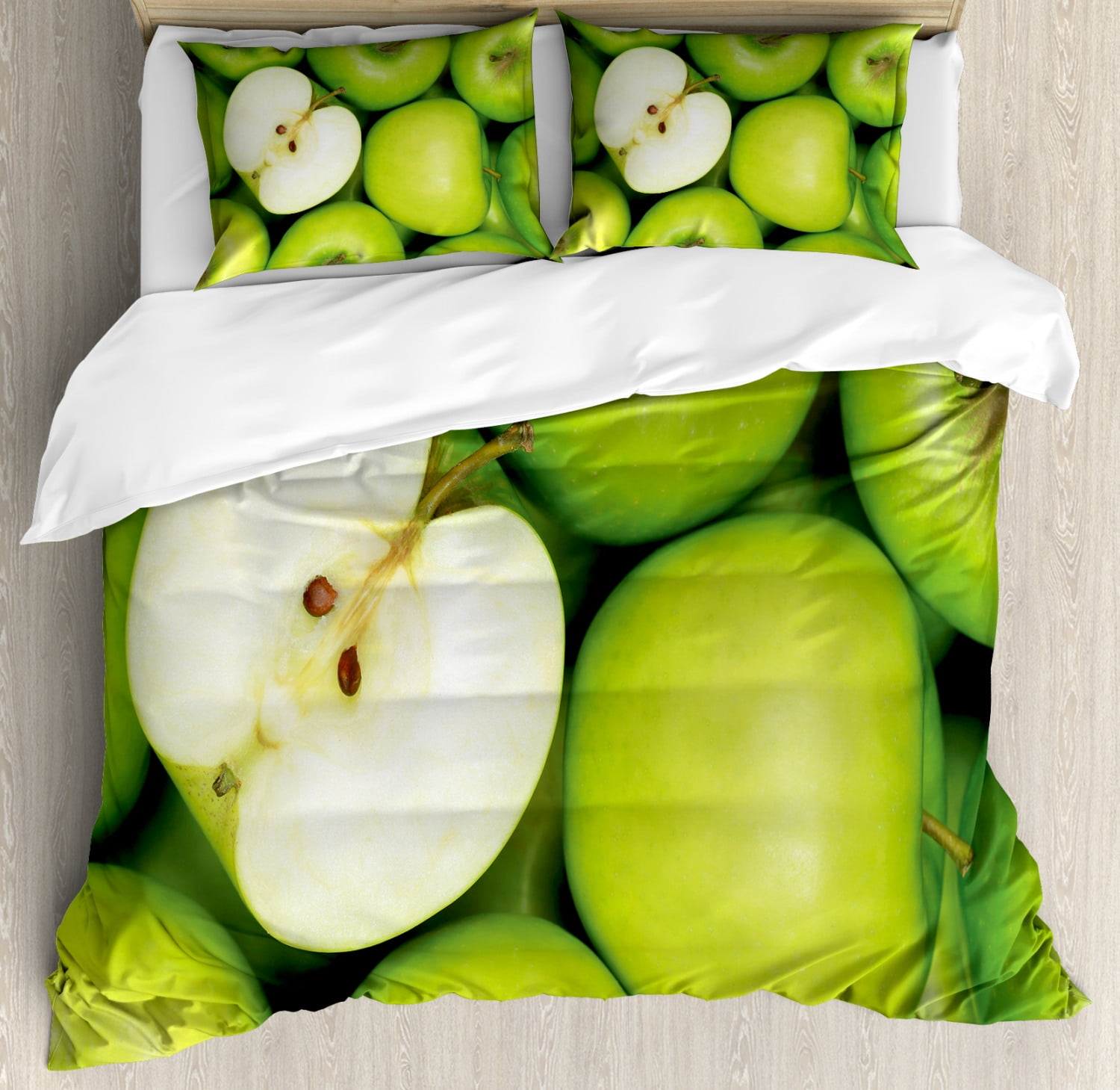 Apple Duvet Cover Set King Size, Realistic Looking Pile of Green Apples