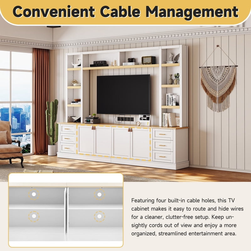 4-Piece Entertainment Center with Bookshelves for TV Up to 75", 102.3"W Farmhouse TV Stand with 6 Drawers and Adjustable Shelves for Living Room