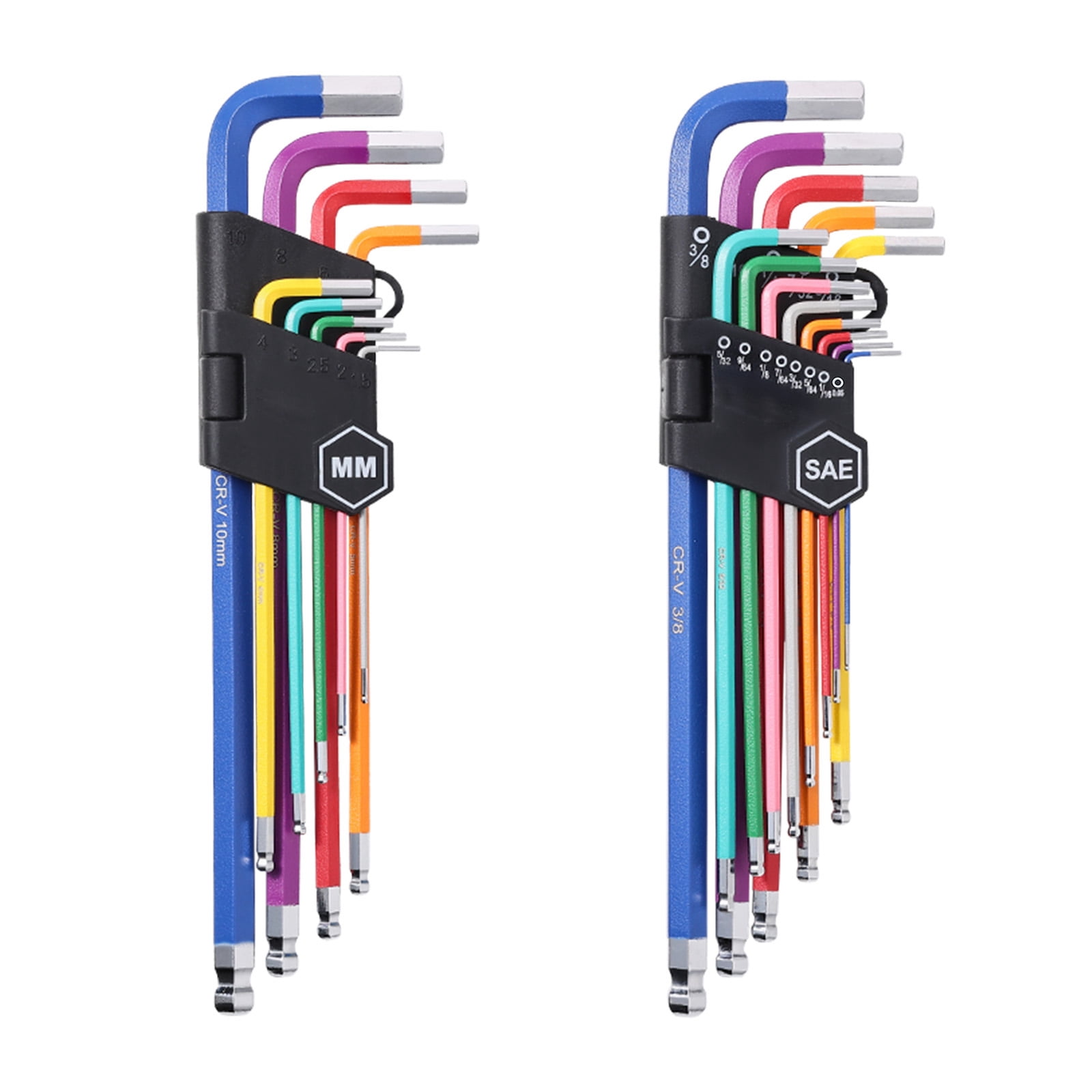 KFFKFF Hexagonal Key Wrench Kit, Set of 22, SAE (0.050-3/8 in) and Metric (1.5-10 mm), Color-Coded Wrench Sets with Ball End, Extended Arm L-Shape Hex Key for Bike, Home, Car Maintenance