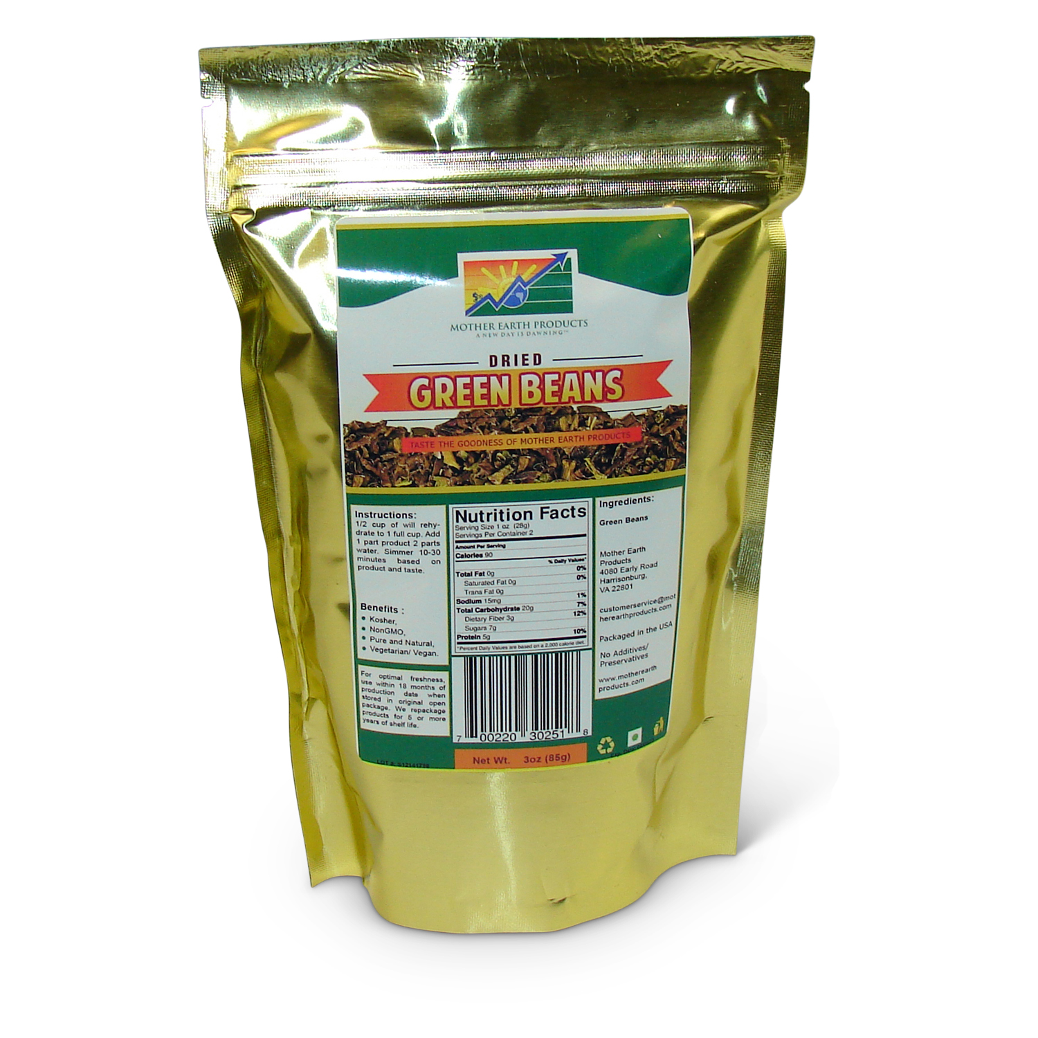 Dehydrated Green Beans, 2 full cup Mylar Bag