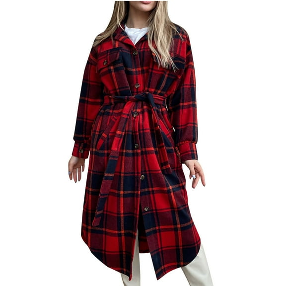 IROINNID Women's Trench Coat Long Sleeve Plaid Turndown Lapel Outwear, Comfy Plaid Lapel Long Coat with Pocket and Belt