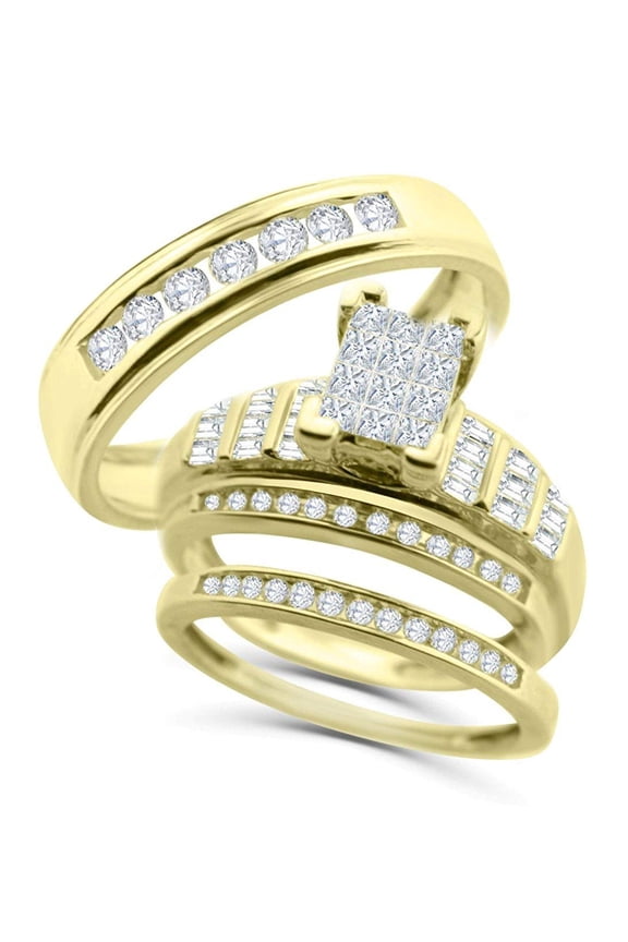 10K Yellow Gold Trio Rings Set His and Her Rings 1.30ctw Diamond Extra Wide Couples Rings Set