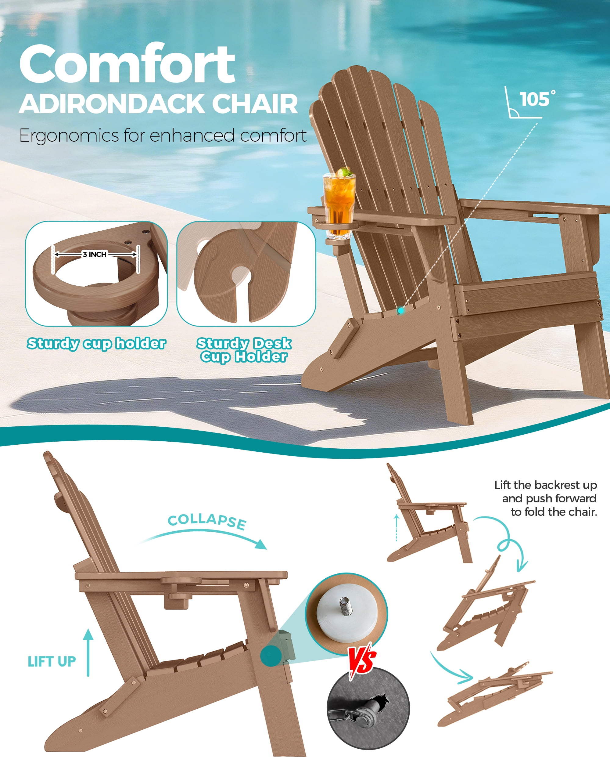 Cobiod Adirondack Chair, Foldable Lawn Chair with Dual Cup Holders, Weather Resistant High Back for Patio, Garden, Beach, Cedar
