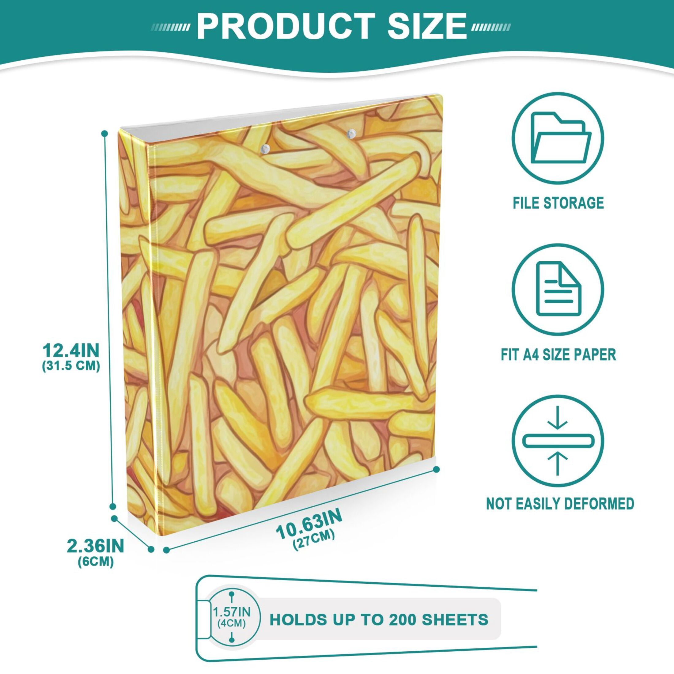 French Fries 3 Ring Binders 1.5 inch Hardcover File Folders with Interior Pockets A4 Size Organizer for School Office Hospital Set of 2