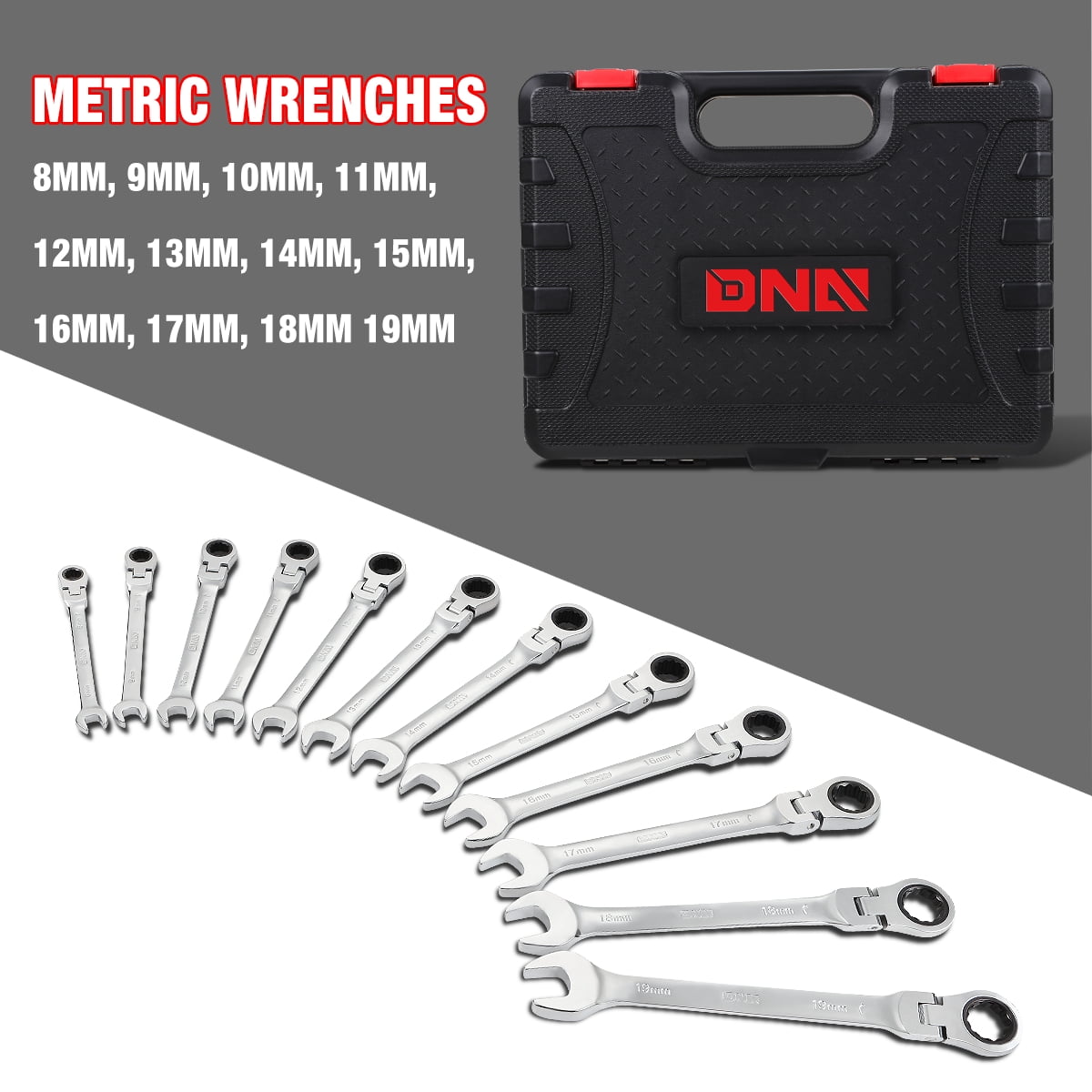 12 Piece Metric Wrench Set, 180° Flex Head & 72 Tooth Ratcheting Wrenches with Blow Mold Storage Case, Chrome Vanadium Steel, 1 Set, Black