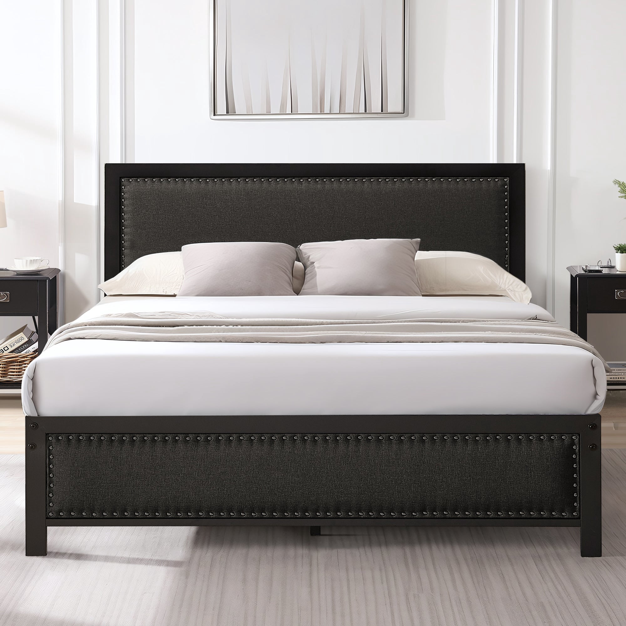 VECELO Queen Size Bed Frame Metal Platform Bed with Upholstered Headboard, No Box Spring Needed, Black
