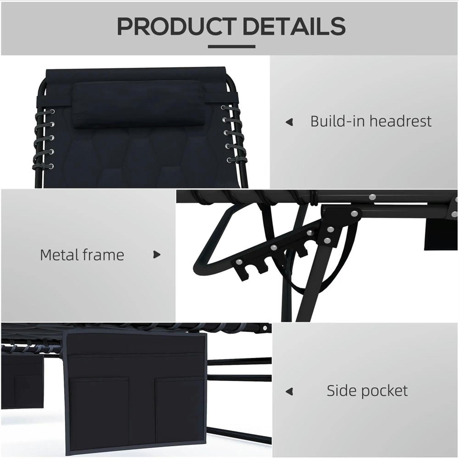 Demi Bonn Outdoor Folding Lounger Chaise with Reclining, Heavy Duty Frame, Portable Relaxation for Beach, Yard, Patio, Black