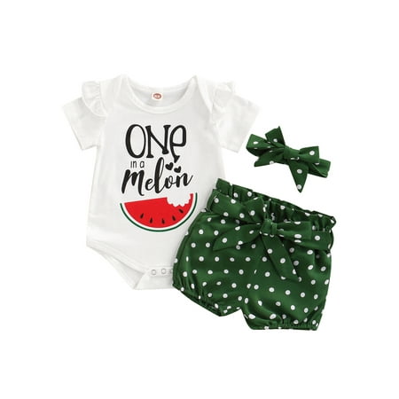 

TheFound Infant Baby Girls Summer Clothes Letter Watermelon Print Short Sleeve Romper Dots Print Shorts and Headband 3Pcs Set