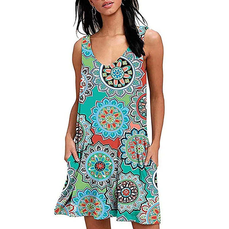 Summer Dresses for Women Beach Floral Tshirt Sundress Sleeveless Pockets Casual Loose Tank Dress 
