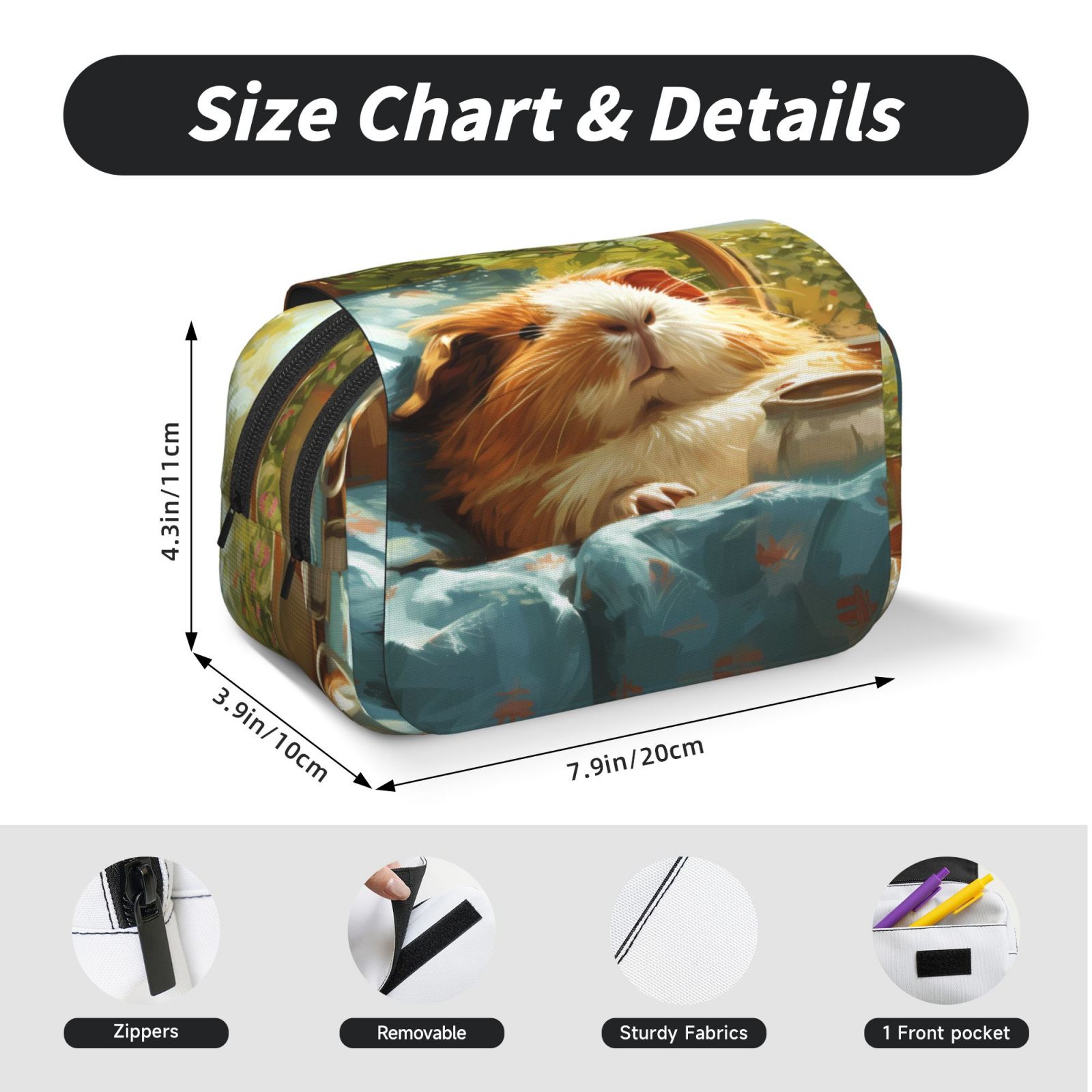 Rateoe Lazy Home Style Guinea Pig Pattern Double Clamshell Pen Case, Storage Organizer with Two Zipper Compartments– Holds Up to 50 Pencils & Pens