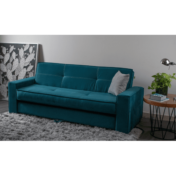 Sofá Cama Confort Clean Azul M & E MUEBLES Matrimonial 3 Posiciones Con Cama Oculta