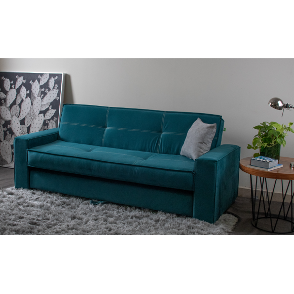 Sofá Cama Confort Clean Azul M & E MUEBLES Matrimonial 3 Posiciones Con Cama Oculta