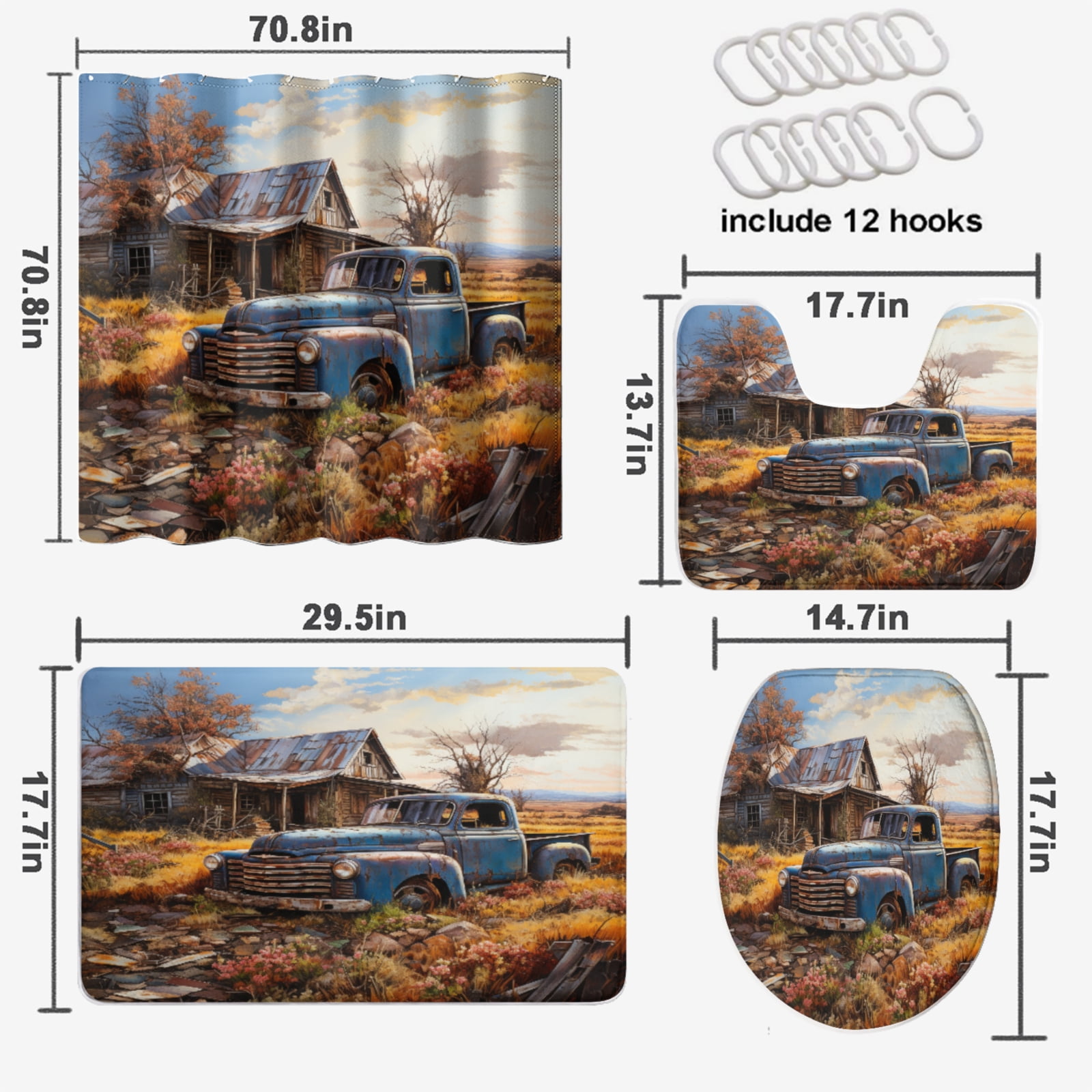 Farmhouse Vintage Old Truck Shower Curtain Set Rustic Wooden Barn Retro American Classic Antique Car with 12 Hooks, Bath Mat Set Bathroom Decor by Durable Waterproof Fabric, 72x72 Inch