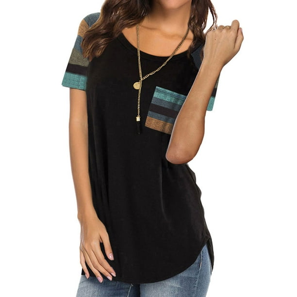 Women Round Neck Short Sleeve Color Block Tunic Shirt