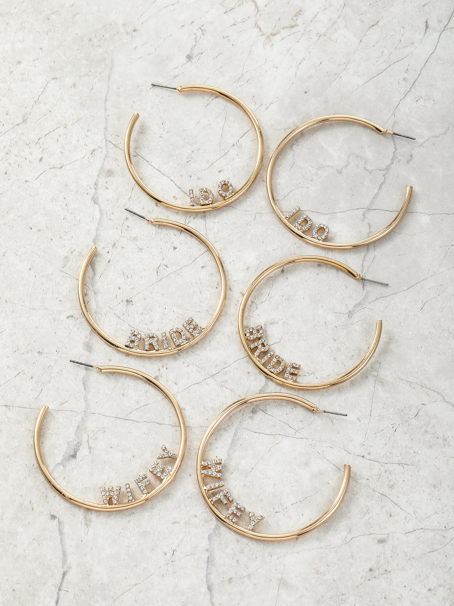 Goldtone Bridal Hoop Collection, "I Do", "Bride" and "Wifey", 3 Pairs