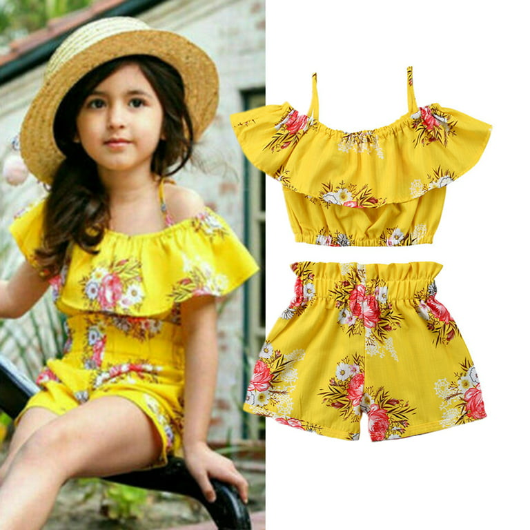 Summer Toddler Baby Girl Clothes Off Shoulder Ruffle Sling Crop Tops Short  Pants 2Pcs Outfits