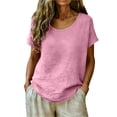 thumbnail image 2 of Inverlee Linen Basic Tees Tops for Women Crewneck Short Sleeve Blouses Casual Loose Fit Everyday Soft Breathable Shirts Pink L, 2 of 5
